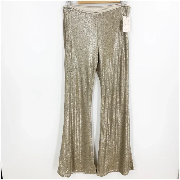 Free People The Minx Sequin Flare Pants in Champagne Sz 6 - Picture 2 of 12